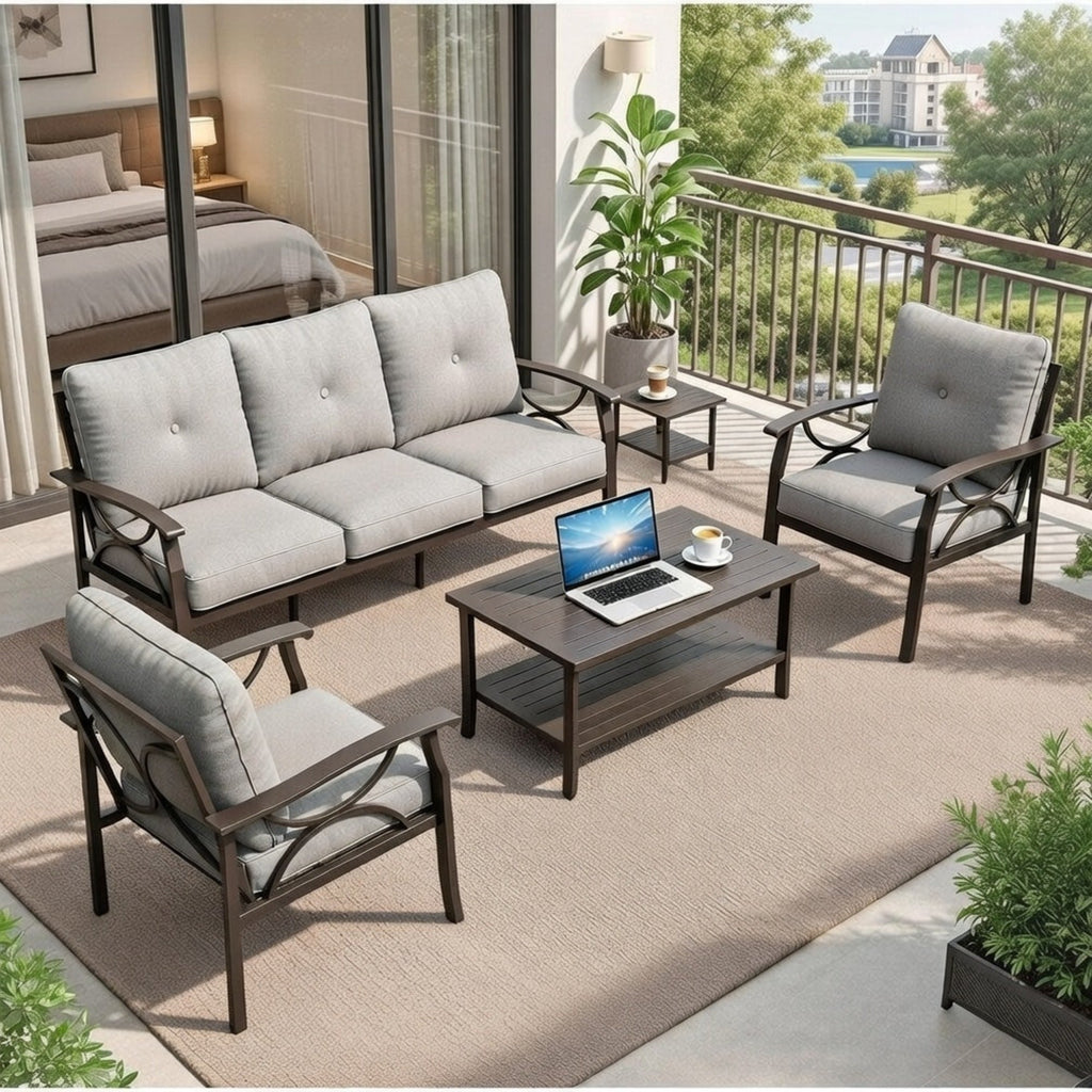 Outdoor Patio Set Steel 5 Piece Khaki Gray Cushions