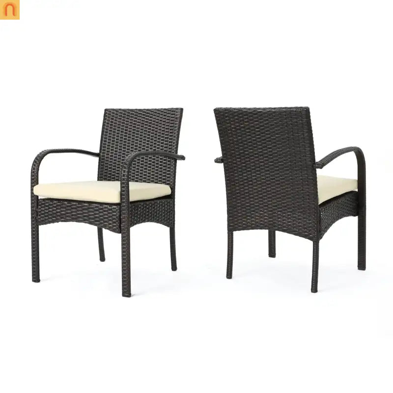 Outdoor Dining Chair PE Rattan Iron Brown Beige Cushion Set of 2