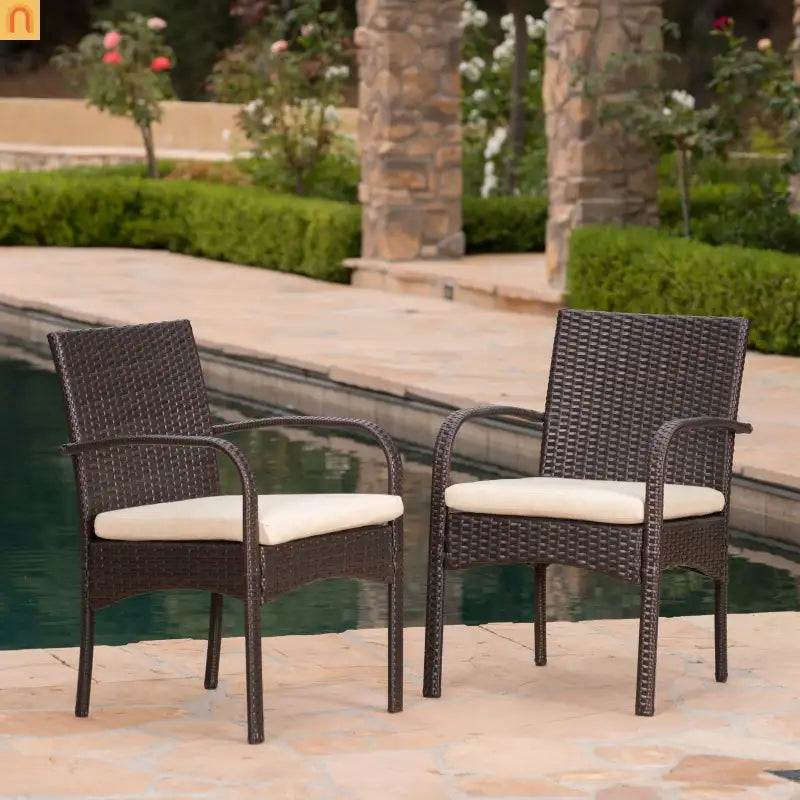 Outdoor Dining Chair PE Rattan Iron Brown Beige Cushion Set of 2