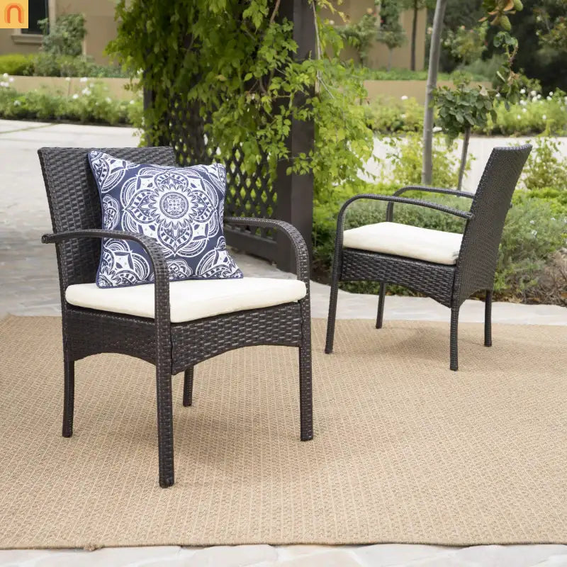Outdoor Dining Chair PE Rattan Iron Brown Beige Cushion Set of 2