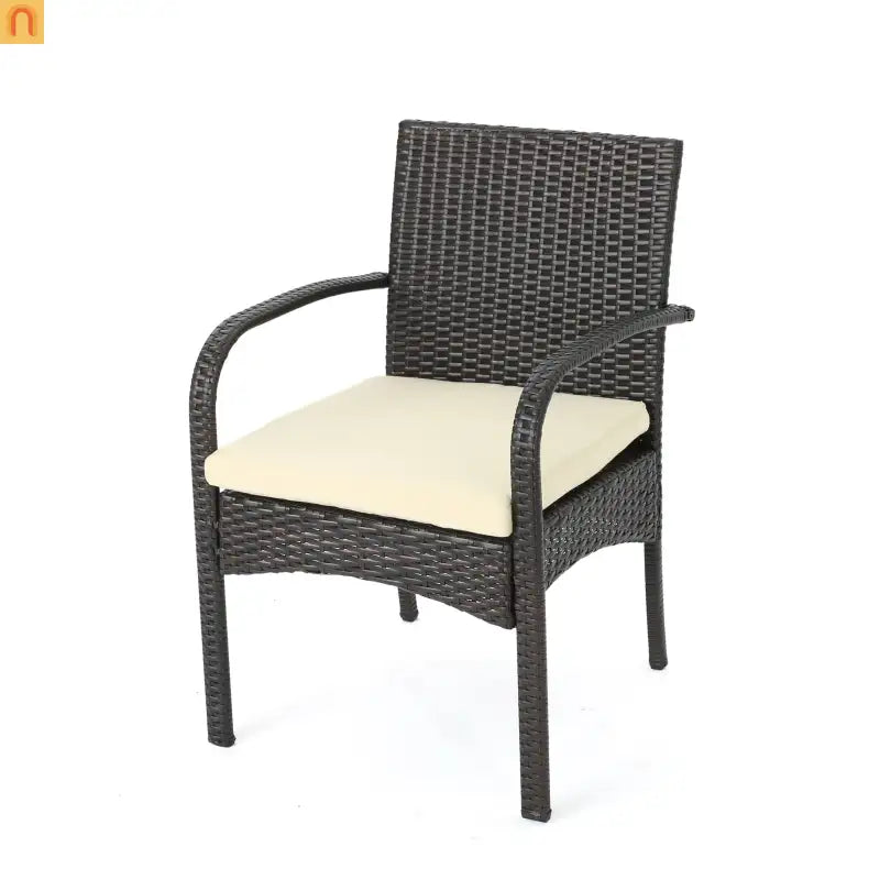 Outdoor Dining Chair PE Rattan Iron Brown Beige Cushion Set of 2