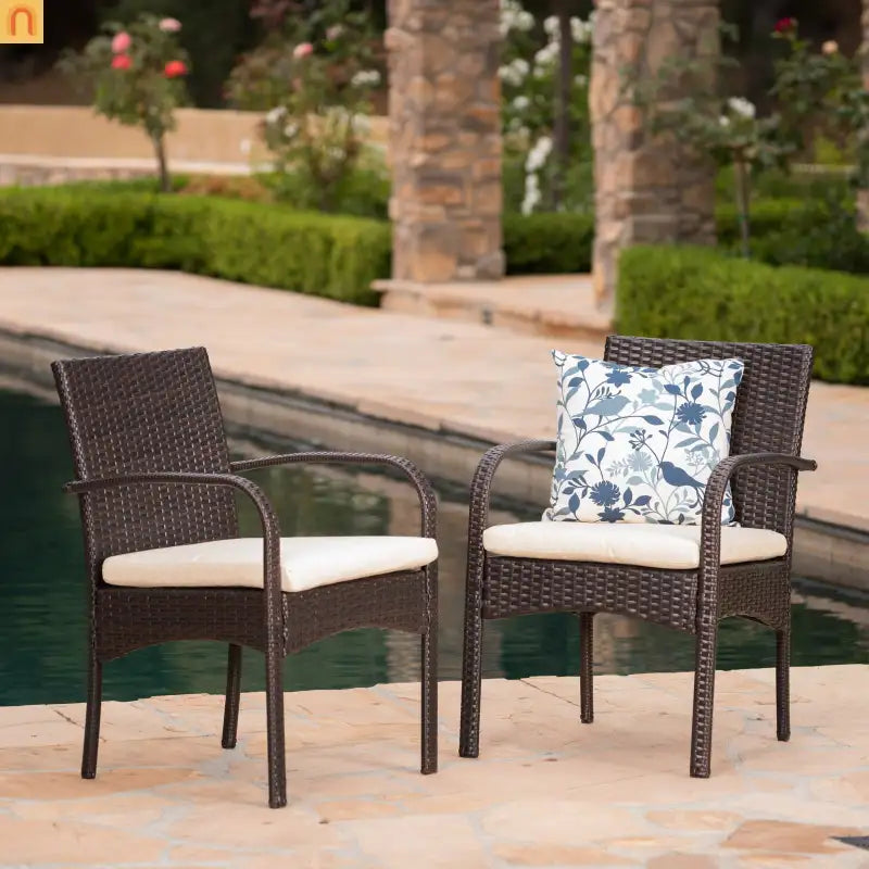 Outdoor Dining Chair PE Rattan Iron Brown Beige Cushion Set of 2