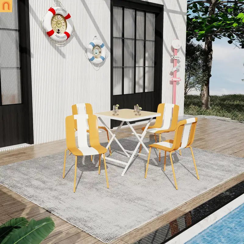 Outdoor Dining Set PP Plastic Striped Beige Orange 5 Piece Folding Table