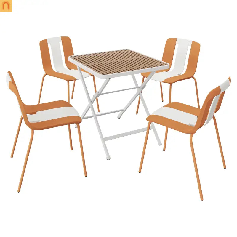 Outdoor Dining Set PP Plastic Striped Beige Orange 5 Piece Folding Table