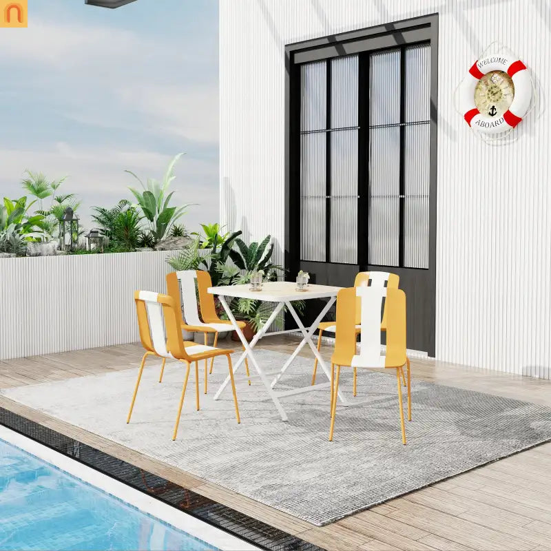 Outdoor Dining Set PP Plastic Striped Beige Orange 5 Piece Folding Table