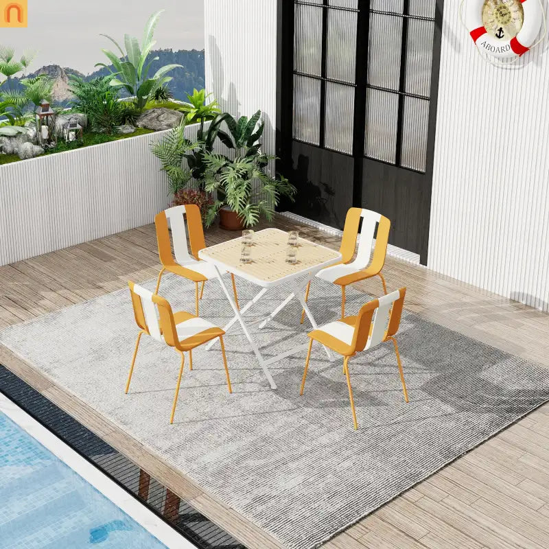 Outdoor Dining Set PP Plastic Striped Beige Orange 5 Piece Folding Table