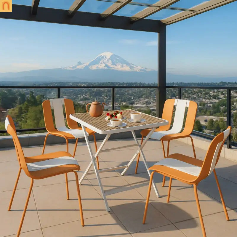 Outdoor Dining Set PP Plastic Striped Beige Orange 5 Piece Folding Table