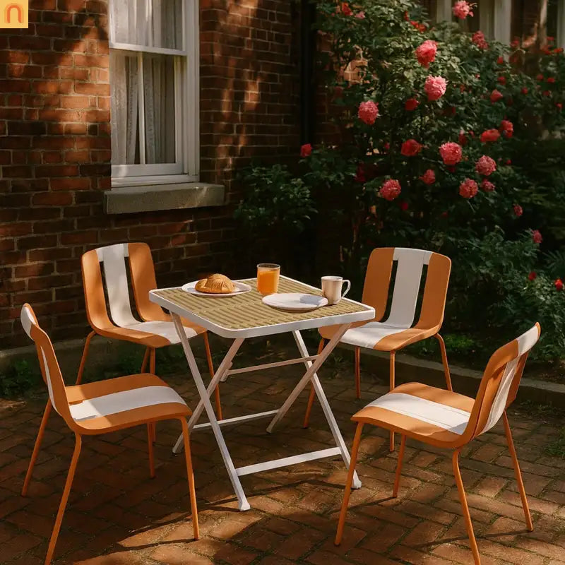 Outdoor Dining Set PP Plastic Striped Beige Orange 5 Piece Folding Table