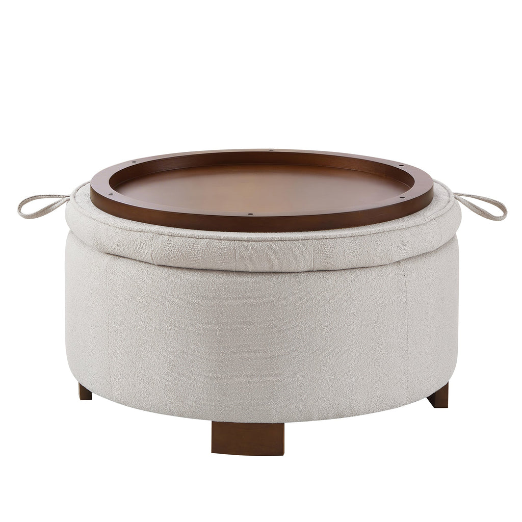 Round Storage Ottoman with Reversible Lid, Boucle Fabric Upholstered, Beige