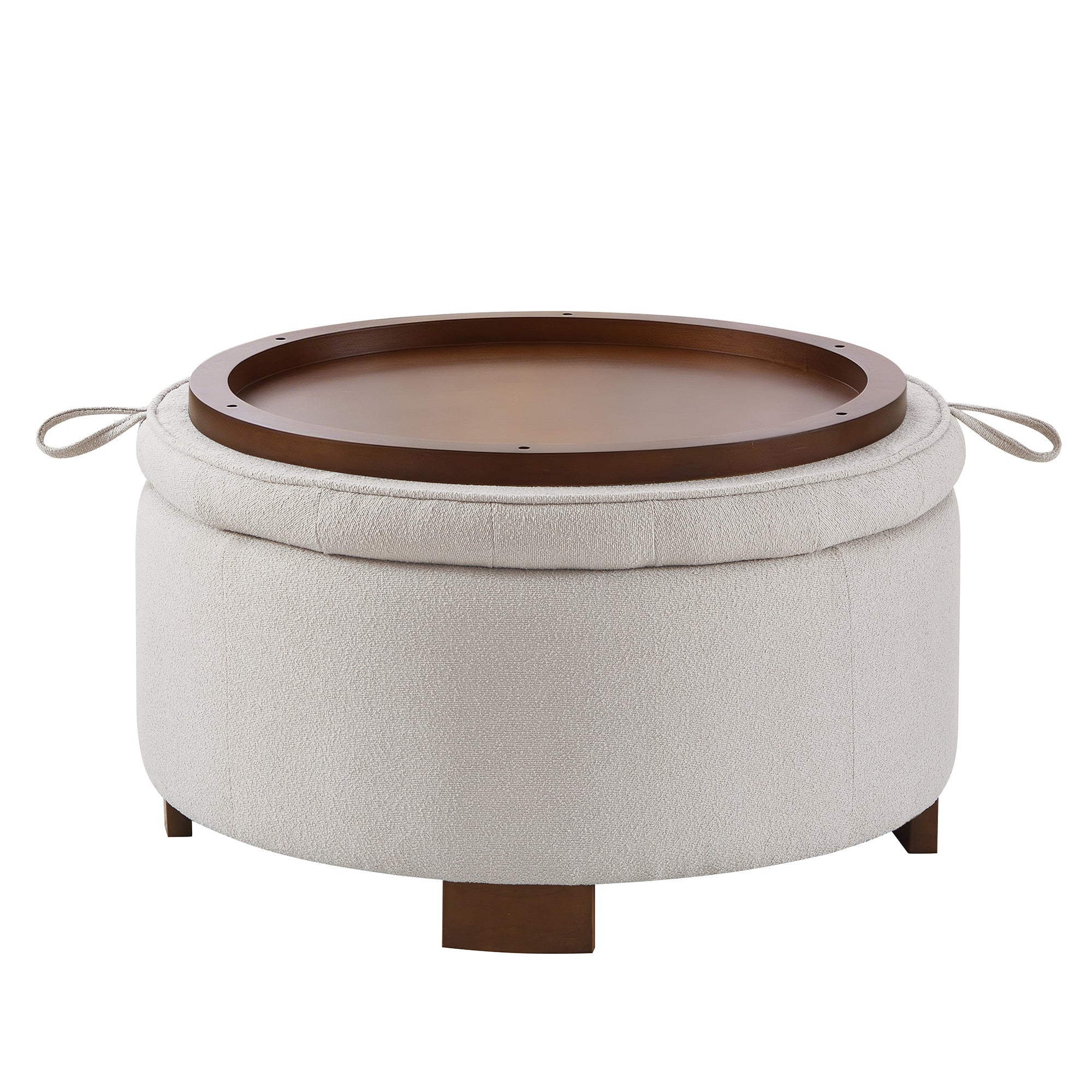 Round Storage Ottoman with Reversible Lid, Boucle Fabric Upholstered, Beige