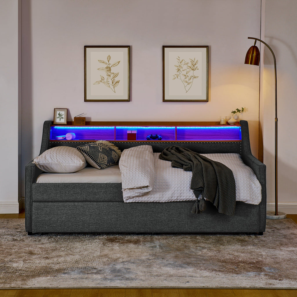 Grey Linen Twin Sofa Bed LED Lights Storage Headboard
