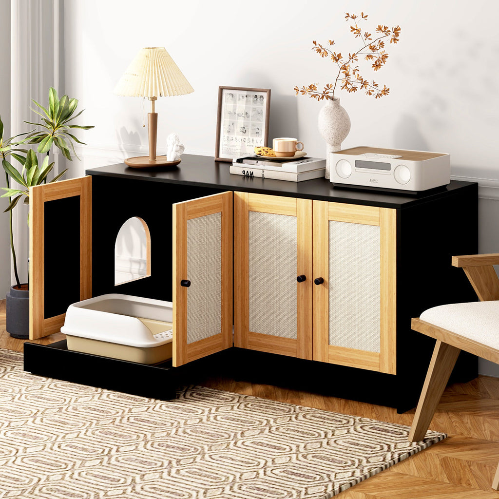 Black Double Litter Box Enclosure with Rattan Doors