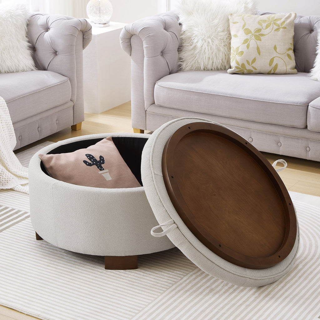 Round Storage Ottoman with Reversible Lid, Boucle Fabric Upholstered, Beige