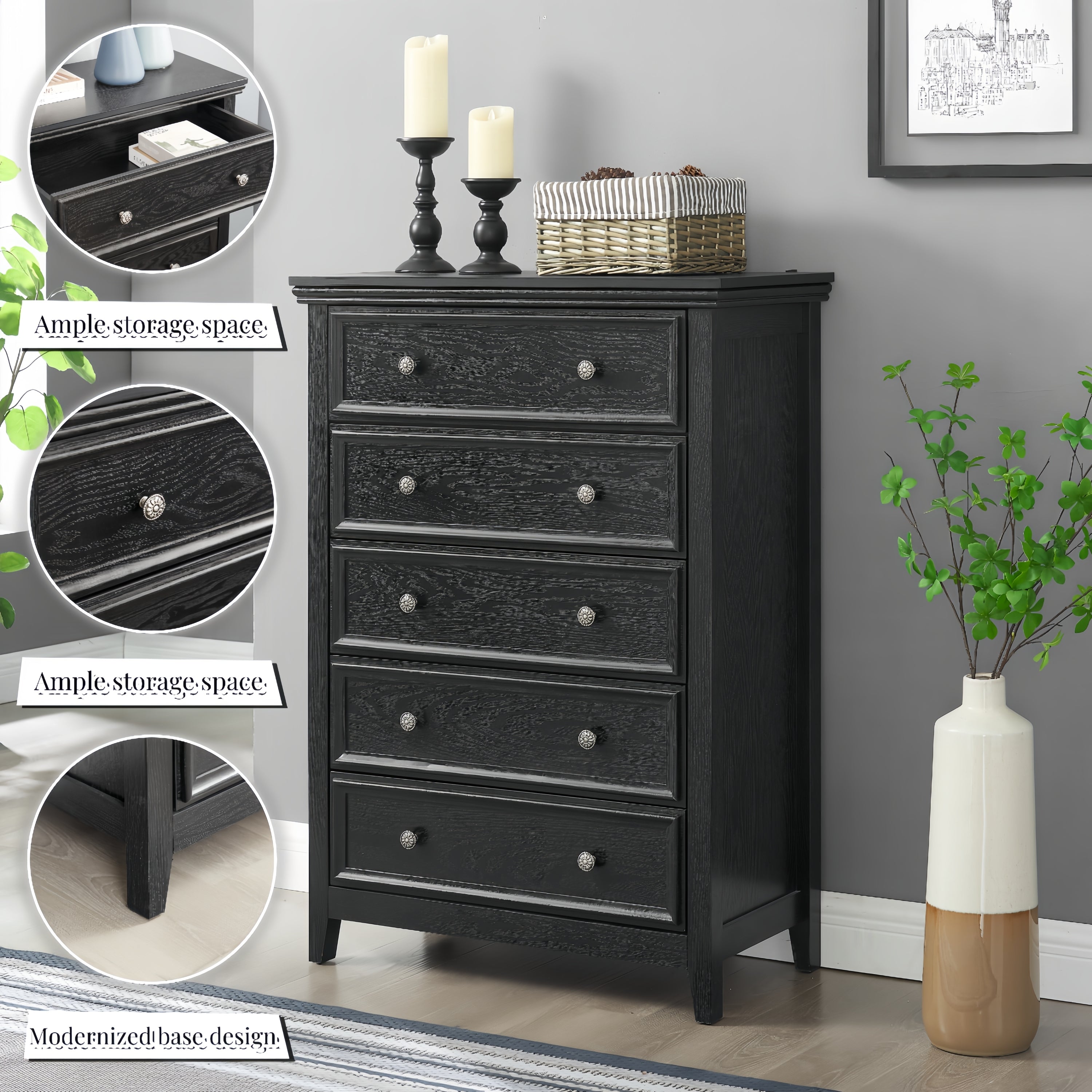 Black 5 Drawer Dresser Chest Cabinet Storage Organizer