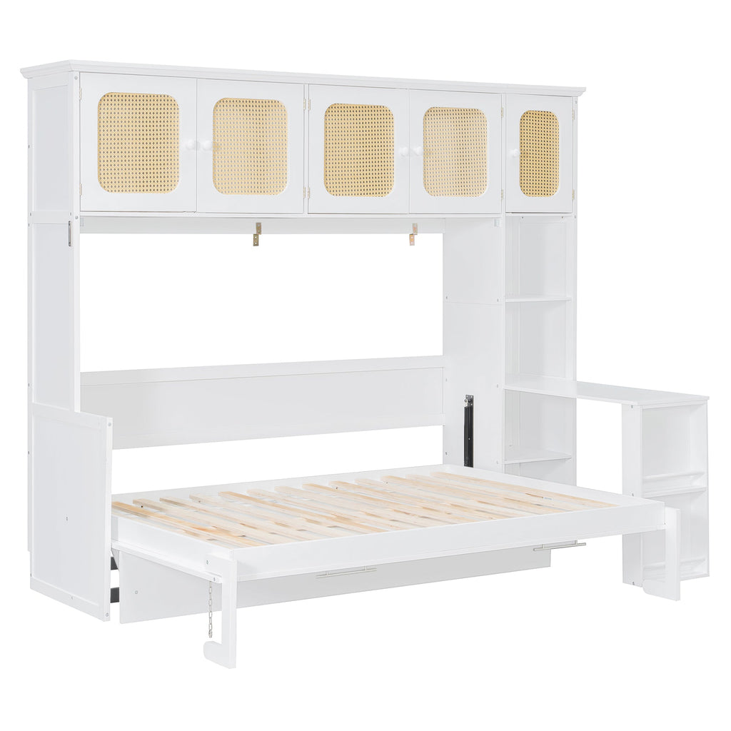 Murphy Bed with Desk and Rattan Cabinets, Warm White