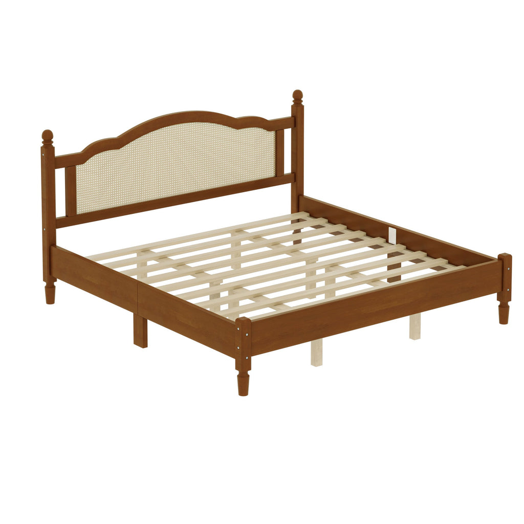 King Size Walnut Wooden Platform Bed with Rattan Headboard
