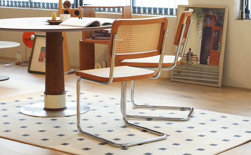 Set of 2 Rattan Side Chairs with Chrome Legs, Mid Century Modern