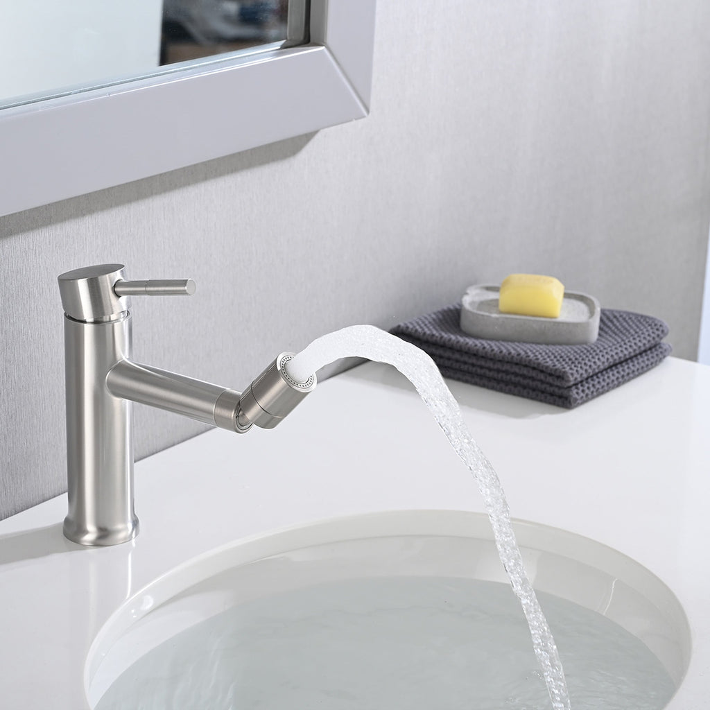 Brushed Nickel Bathroom Faucet 360° Rotating Aerator 2 Mode