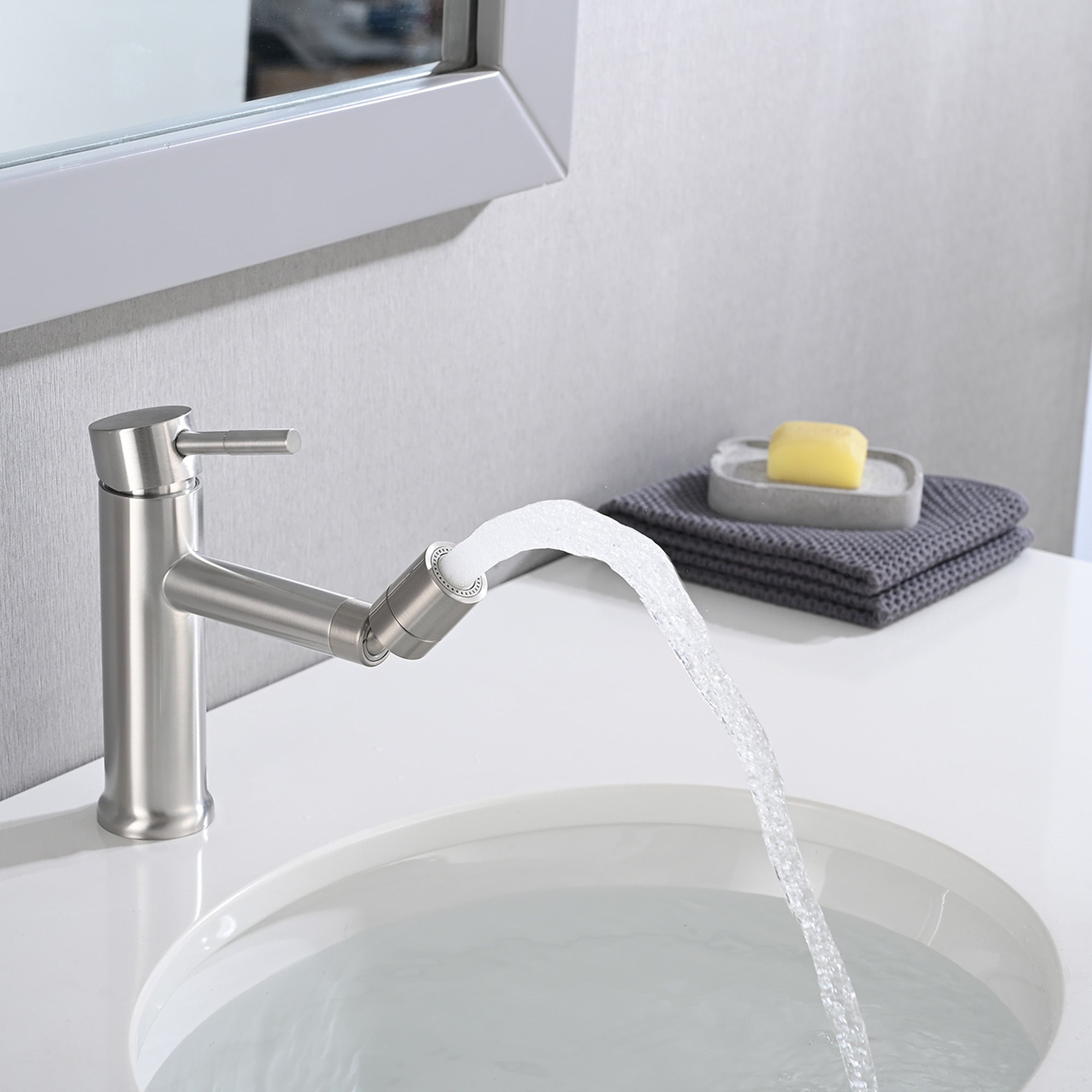 Brushed Nickel Bathroom Faucet 360° Rotating Aerator 2 Mode