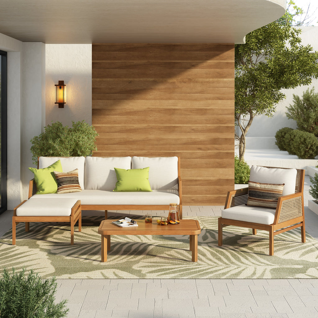 4 Piece Acacia Wood Patio Sectional Sofa Set with Coffee Table