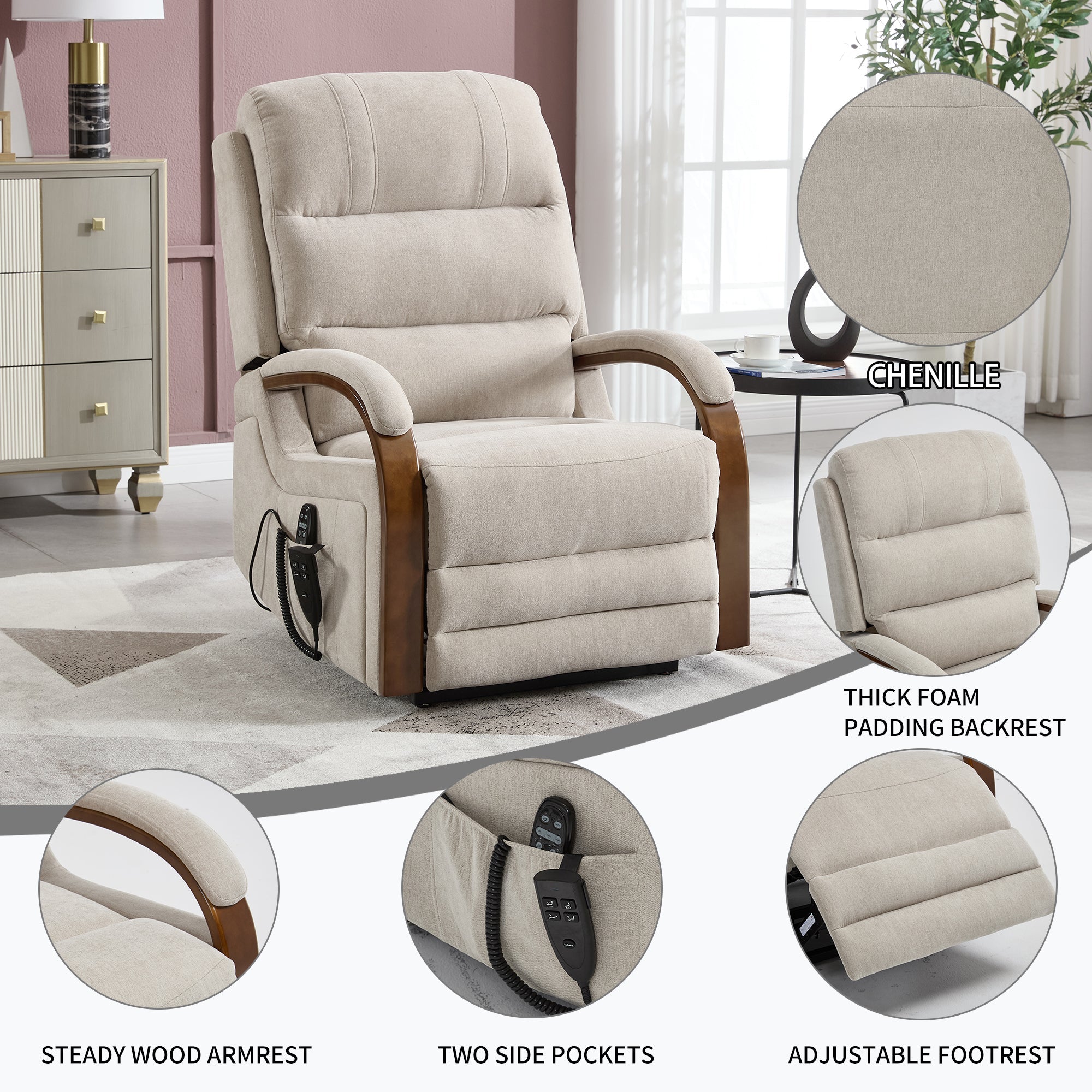 Power Beige Chenille Lift Recliner Chair Dual Motor 350 LBS