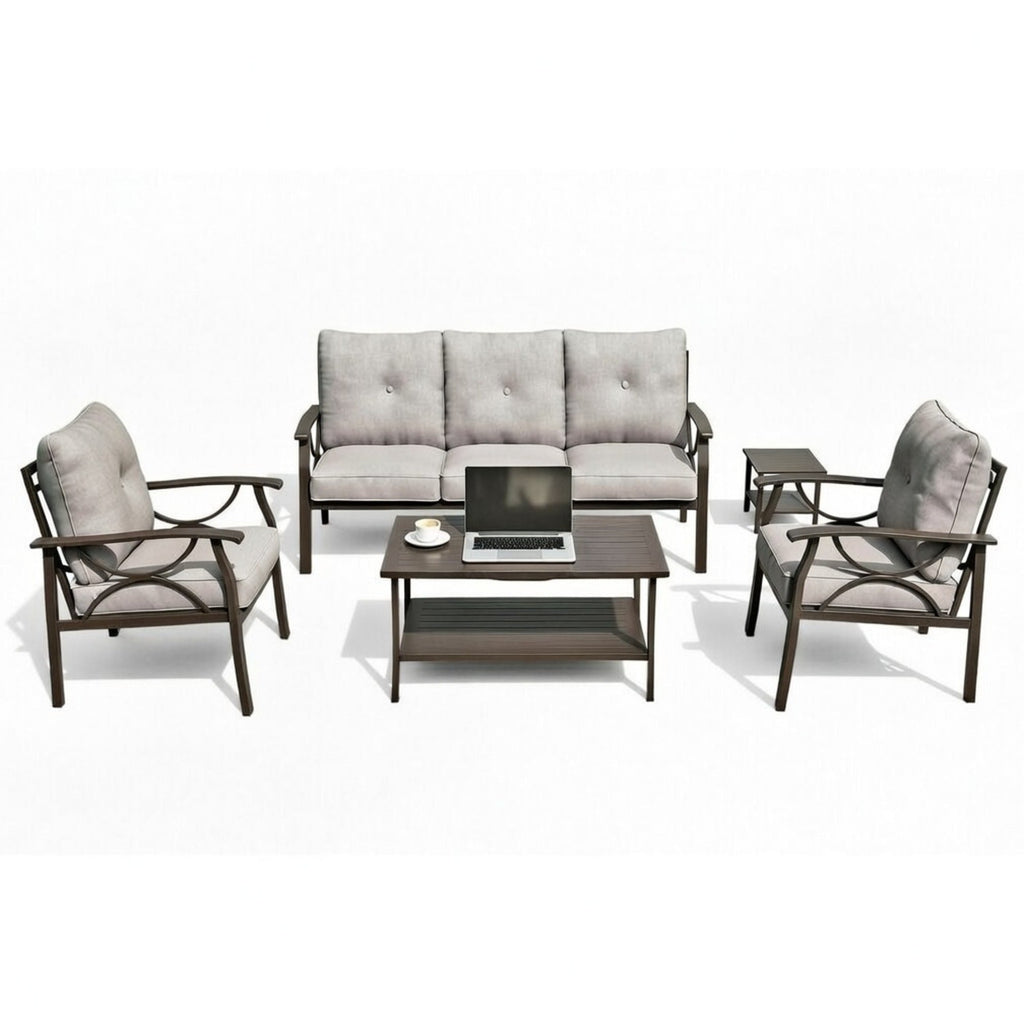 Outdoor Patio Set Steel 5 Piece Khaki Gray Cushions