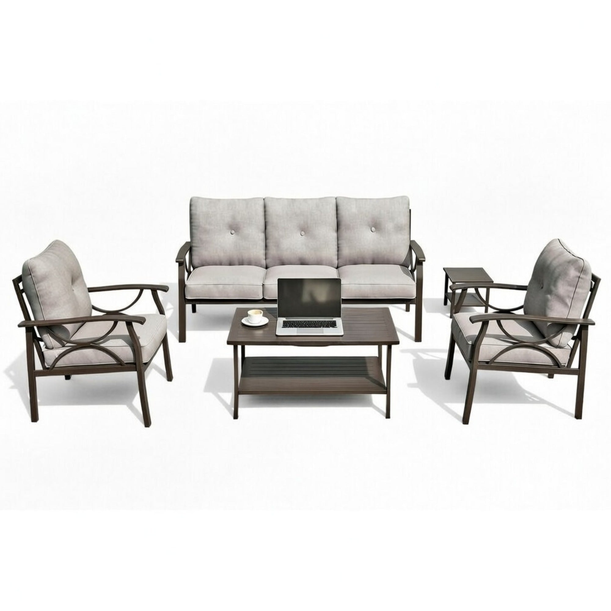 Outdoor Patio Set Steel 5 Piece Khaki Gray Cushions