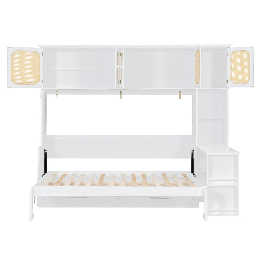 Murphy Bed with Desk and Rattan Cabinets, Warm White