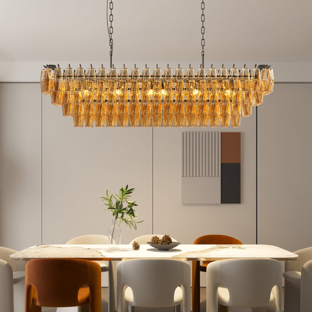 Chandelier Rectangle Black 12-Light 4-Tier Smoke Glass 54 In Farmhouse