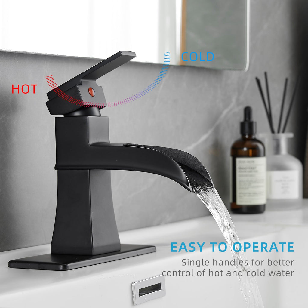Black Waterfall Bathroom Sink Faucet Pop Up Drain 1 Hole