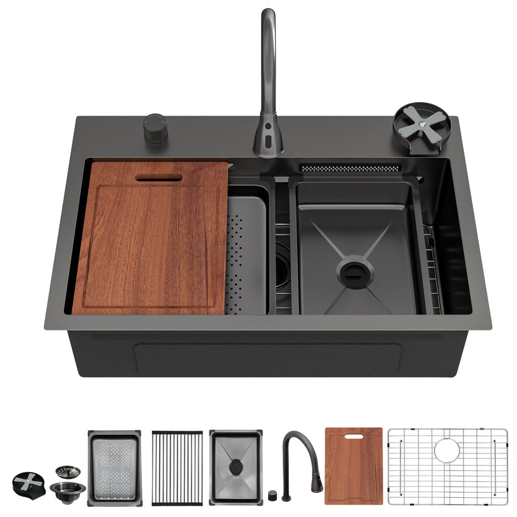 Gunmetal Black Waterfall Kitchen Sink 31.5" Pull-Out Faucet