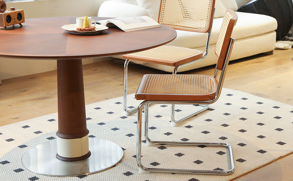 Set of 2 Rattan Side Chairs with Chrome Legs, Mid Century Modern