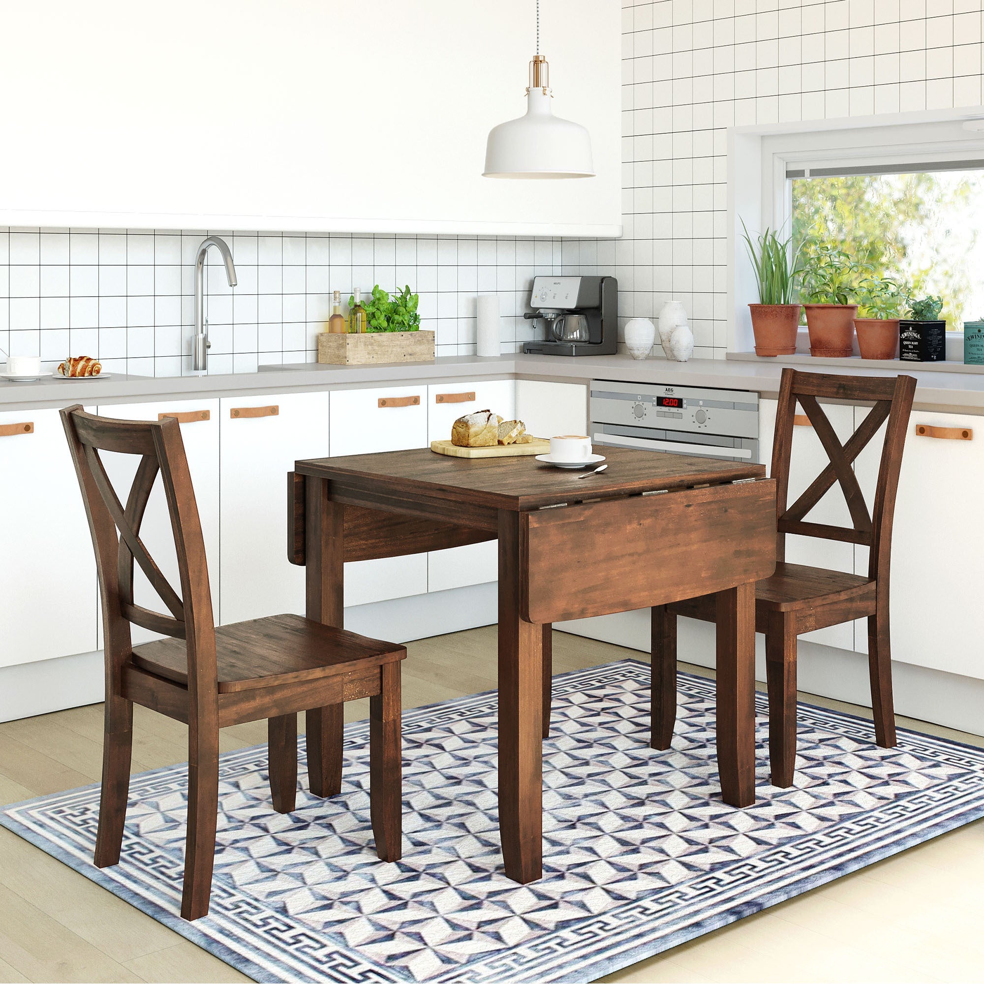 3-Piece Wood Drop Leaf Breakfast Nook Dining Table Set Walnut