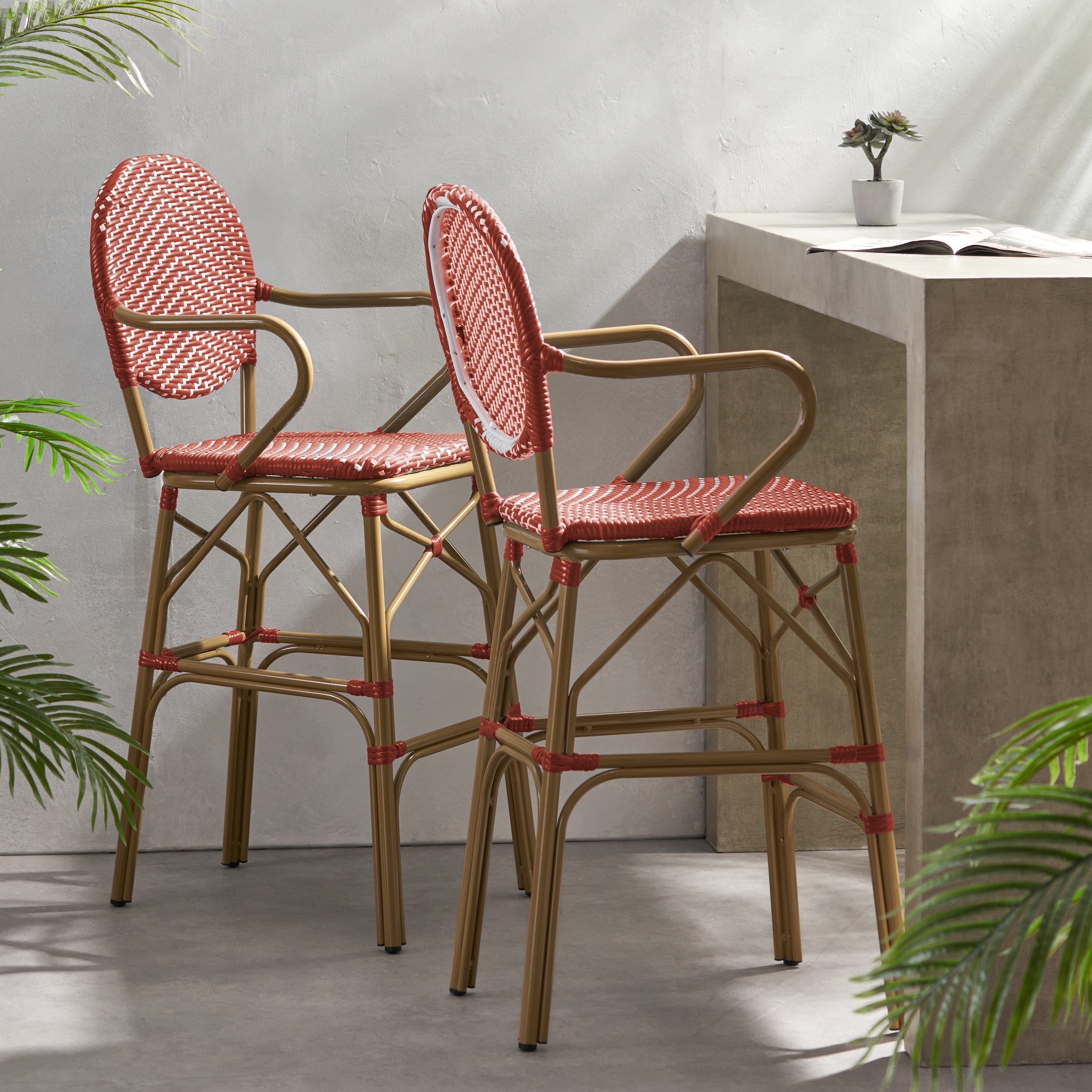 Outdoor Wicker Aluminum Barstool Set of 2, 29.5", Red