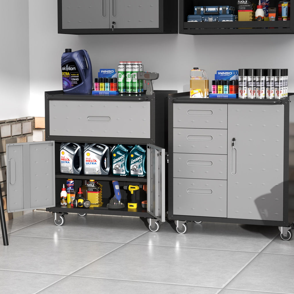 Metal Tool Cabinet with Wheels and Locking Doors