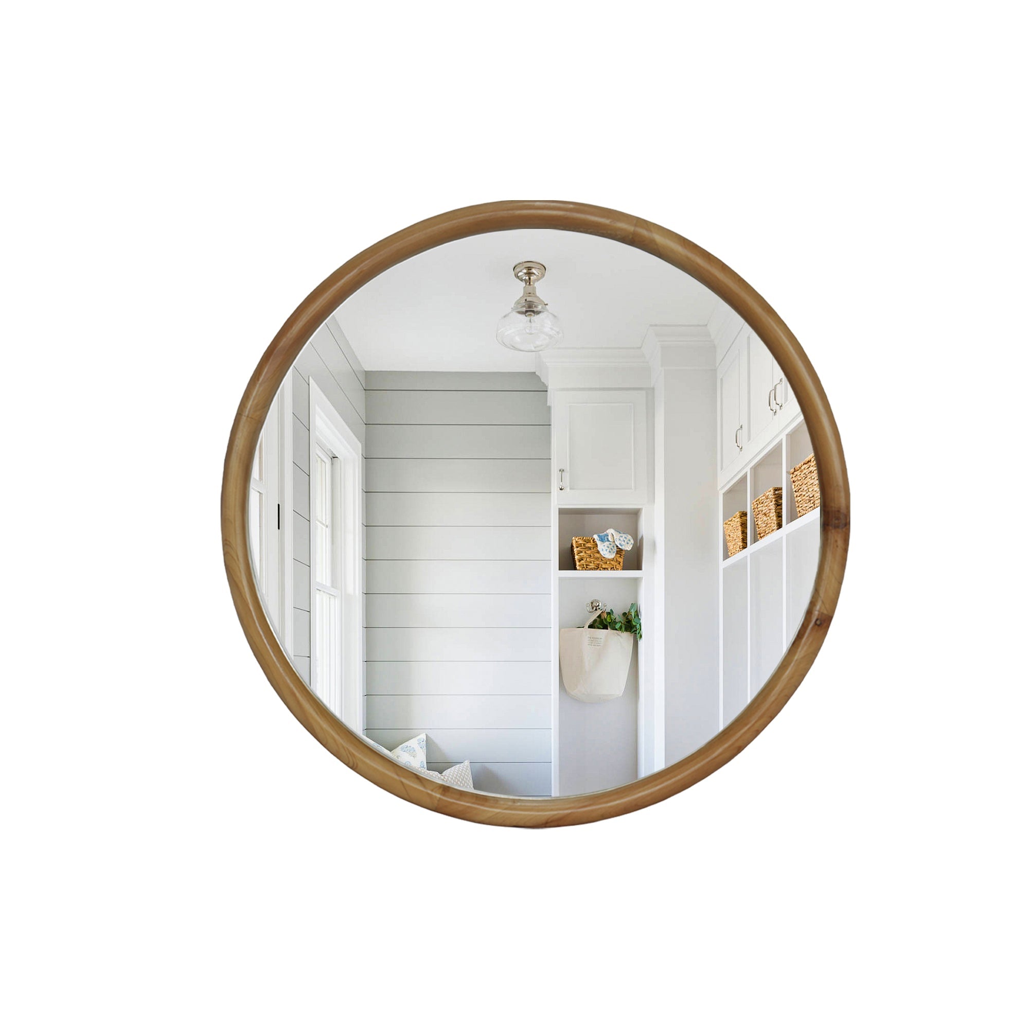 23.62" Round Wood Frame Wall Mirror Mid-Century Modern