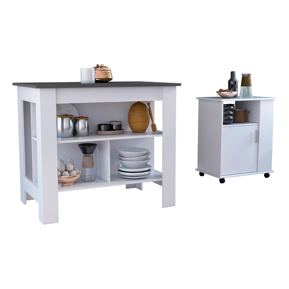 2 Piece White Onyx Kitchen Island Microwave Pantry Cabinet Set