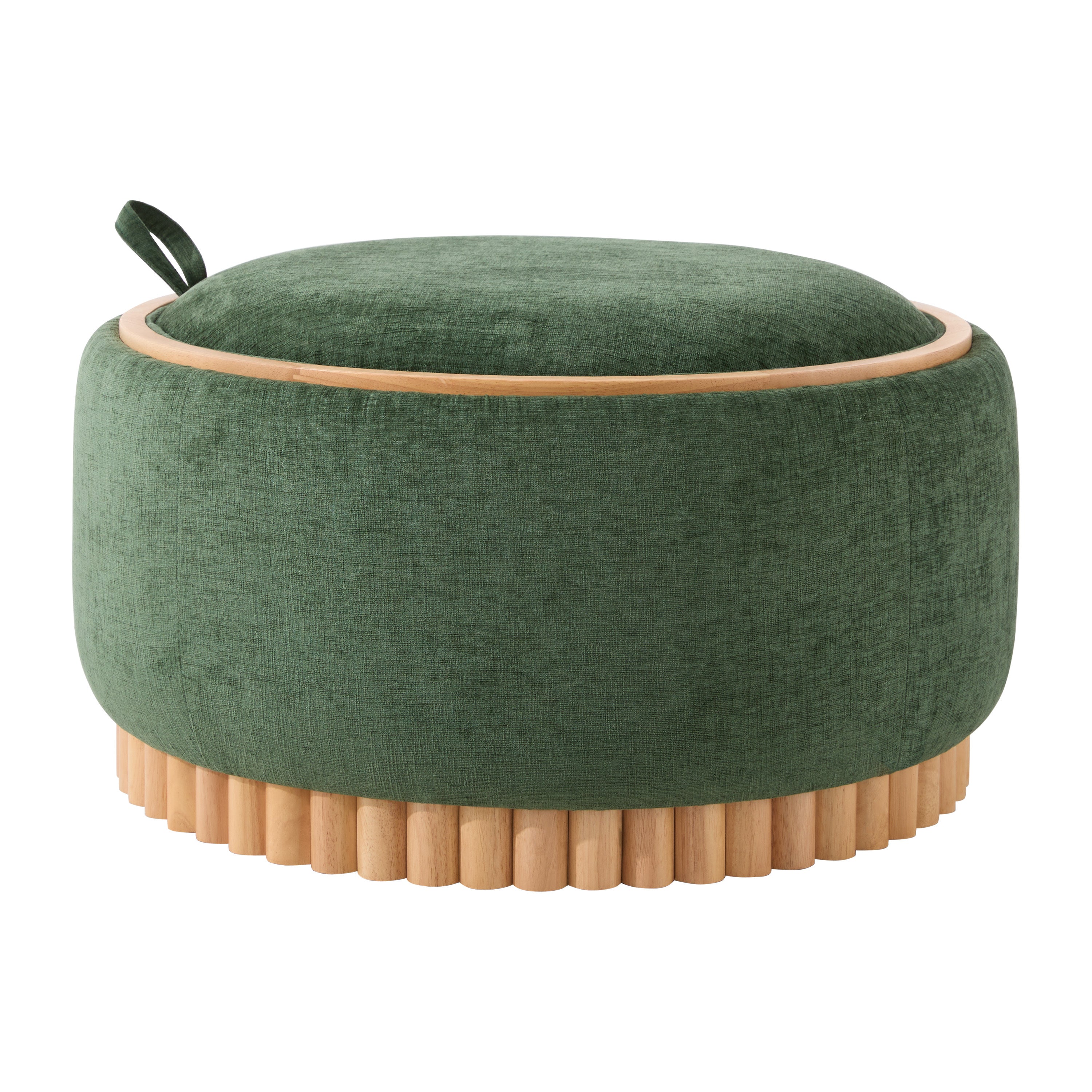 29 Inch Round Storage Ottoman Solid Rubberwood Legs Chenille, Green