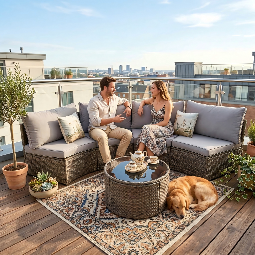 Outdoor Sectional Set PE Rattan Steel Gray 8 Piece Half Moon Seats 6