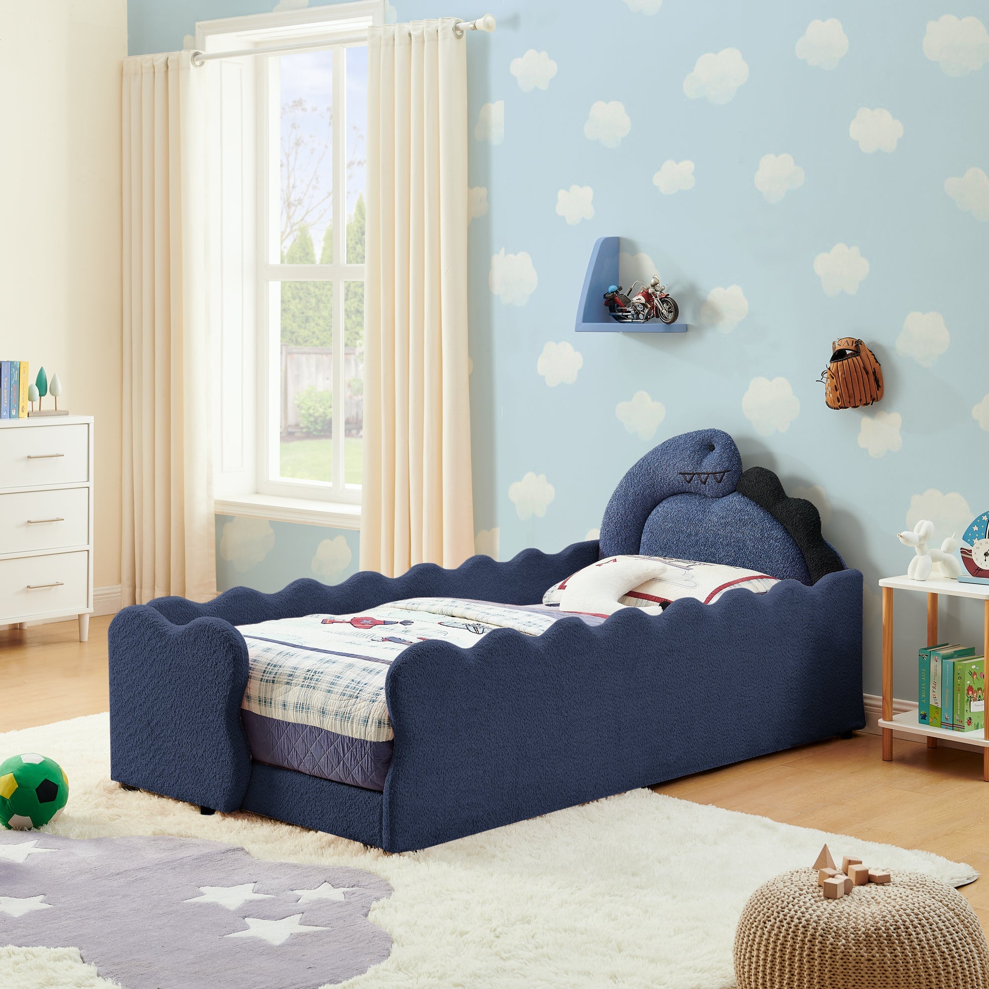 Twin Size Dinosaur Kids Bed Frame, Navy Blue Boucle Fabric