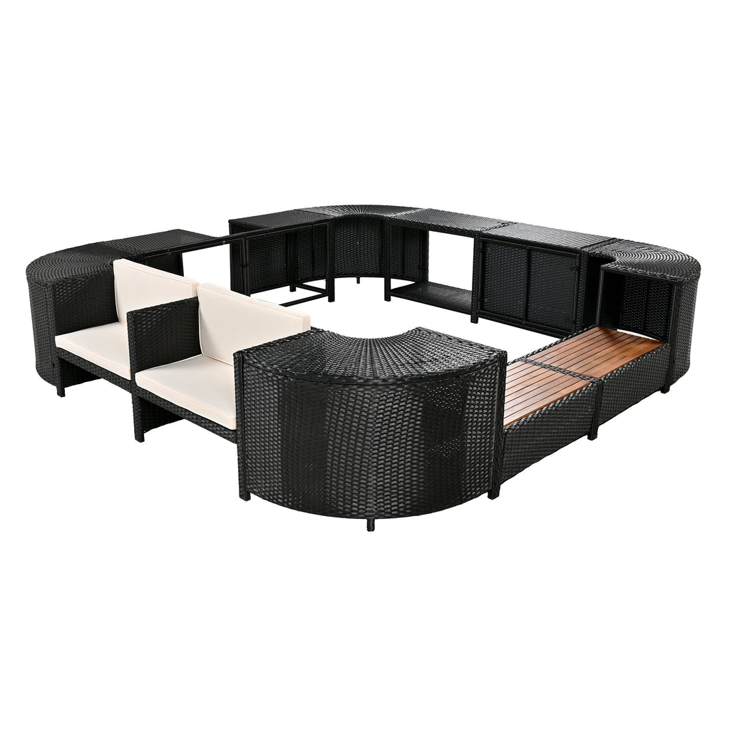 Outdoor Rattan Sectional Sofa Set with Storage, Beige