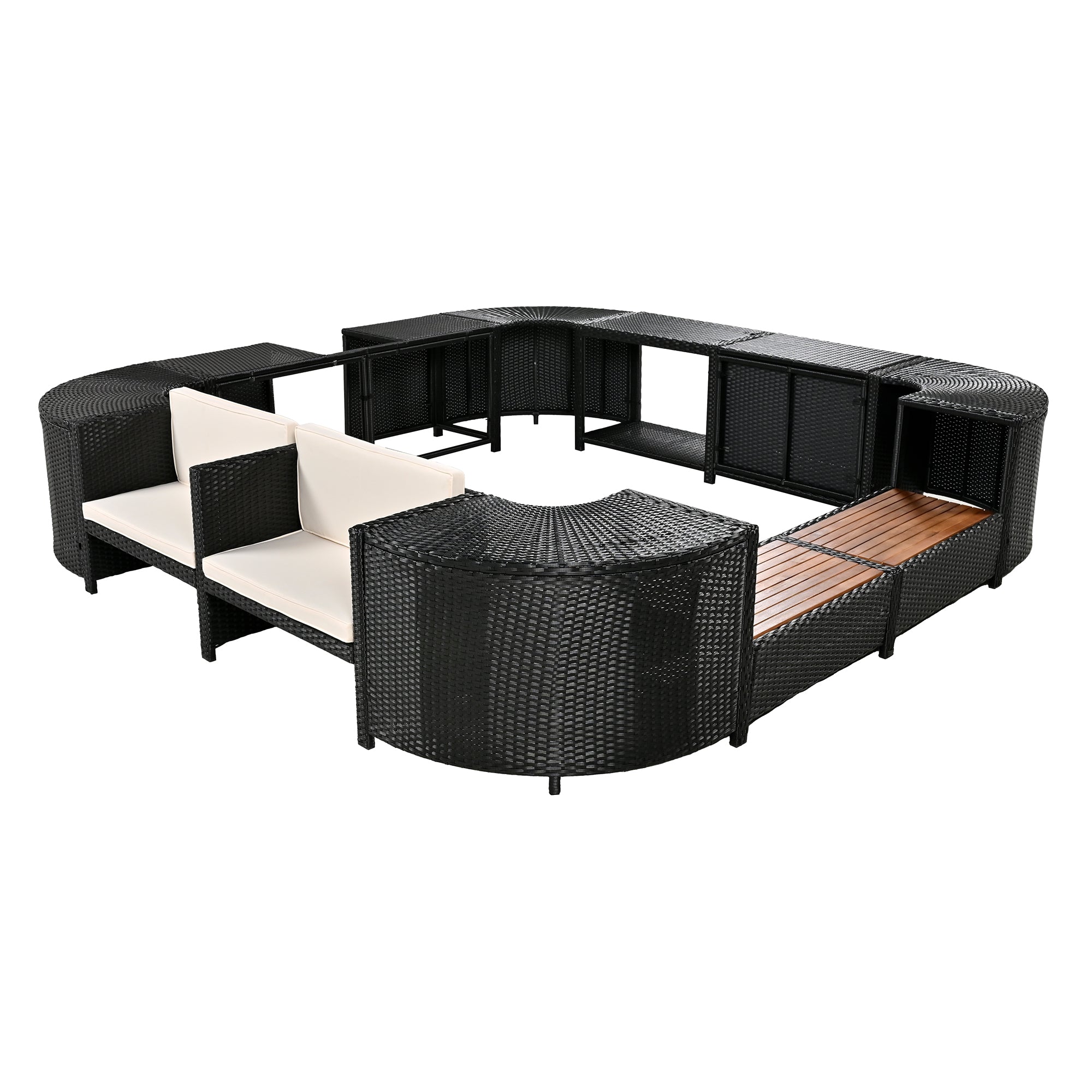 Outdoor Rattan Sectional Sofa Set with Storage, Beige