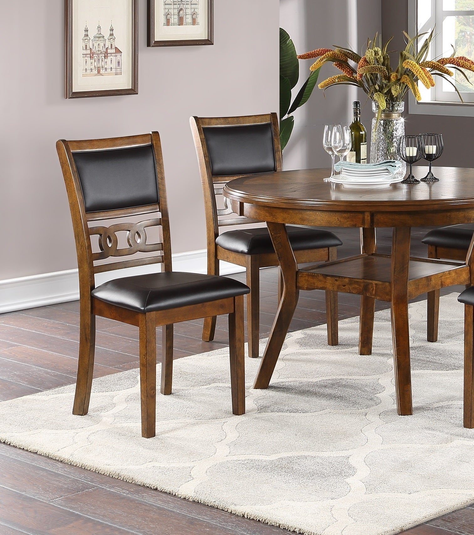 Contemporary 5pc Round Dining Set Walnut Rubberwood