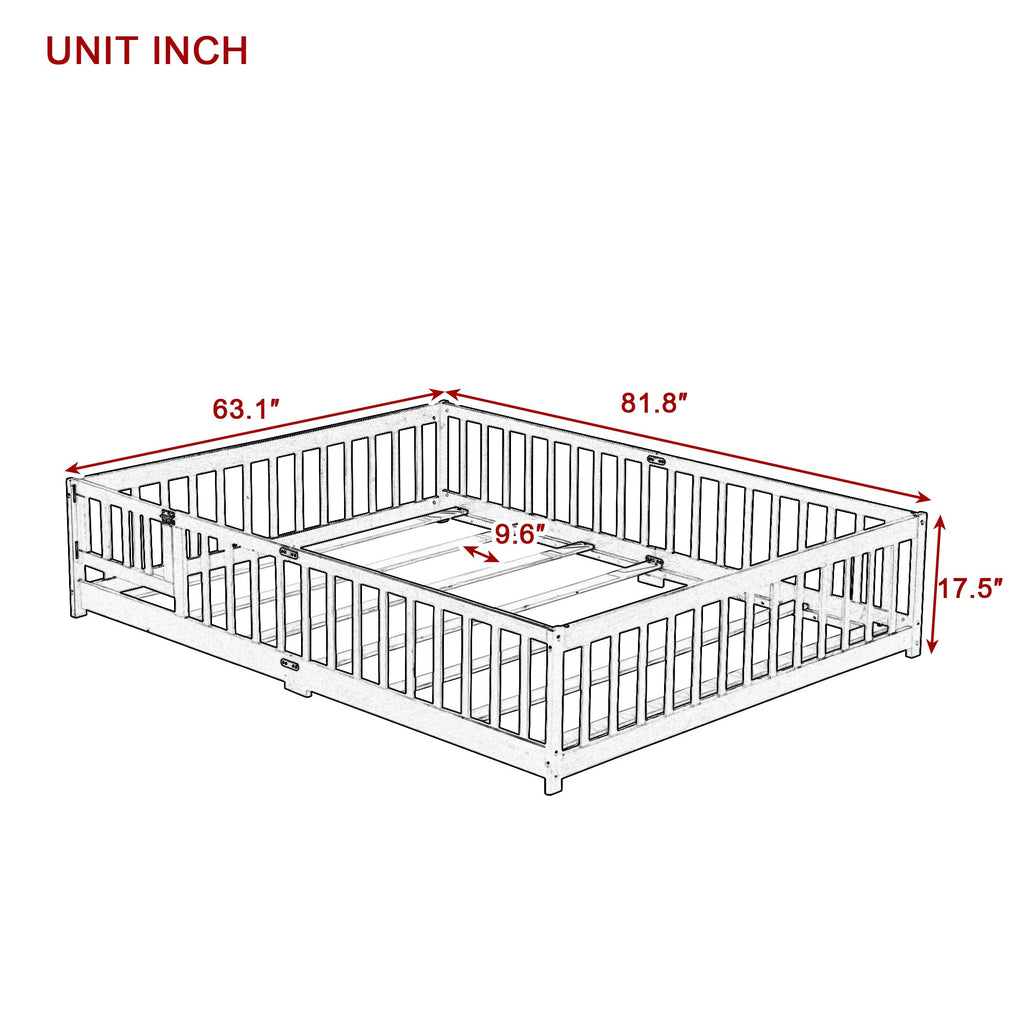 Queen Size Floor Bed with Safety Guardrails and Door
