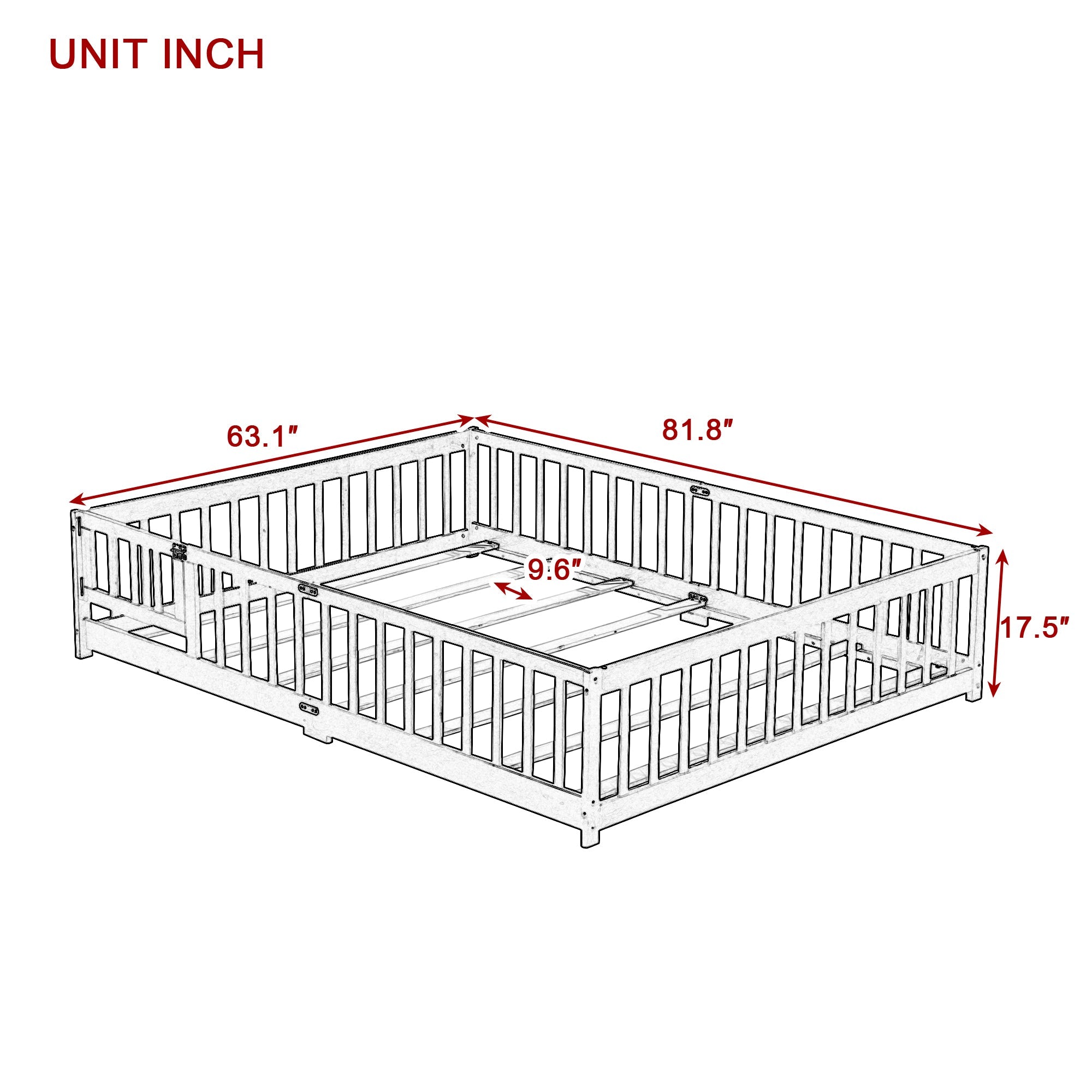 Queen Size Floor Bed with Safety Guardrails and Door