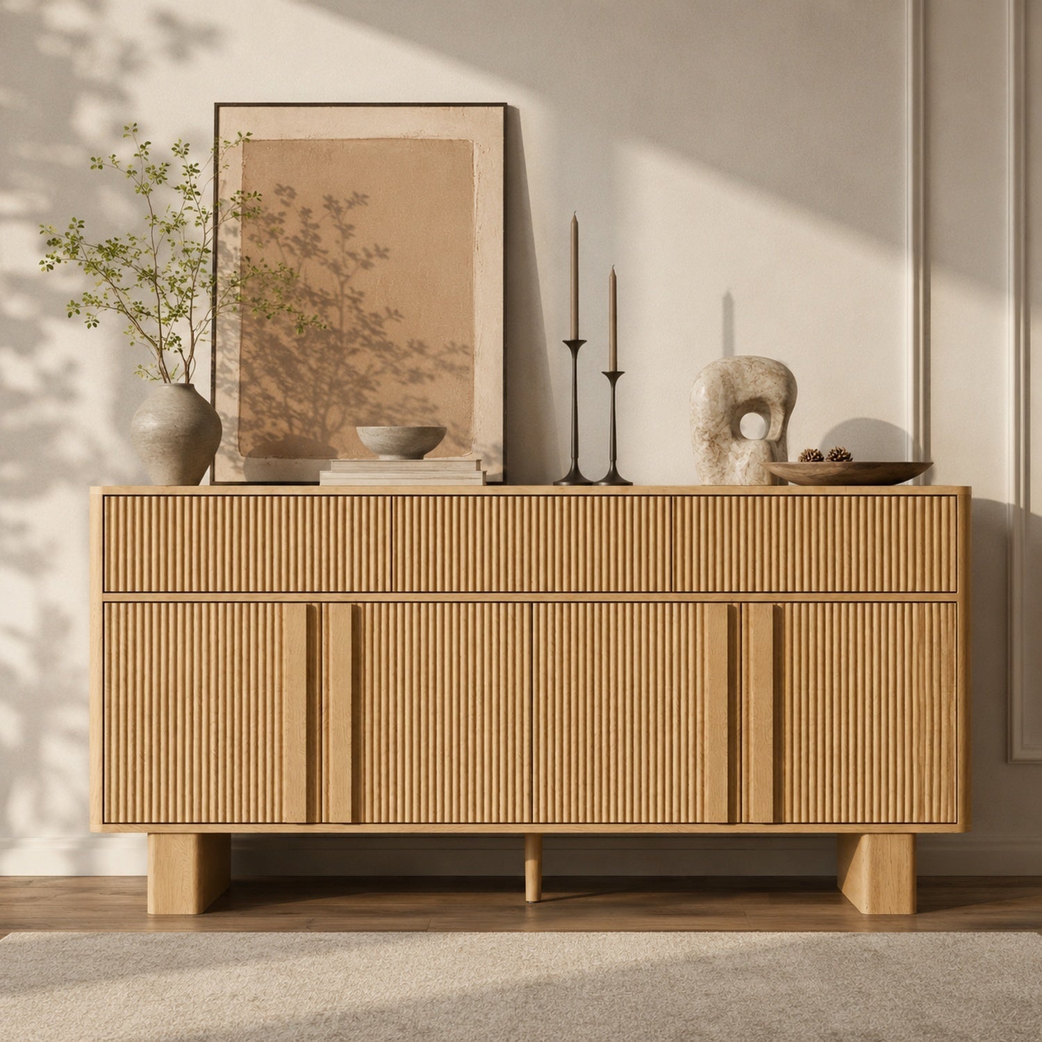 63" Sideboard Buffet Cabinet with Drawers, Faux Marble Top, Light Oak