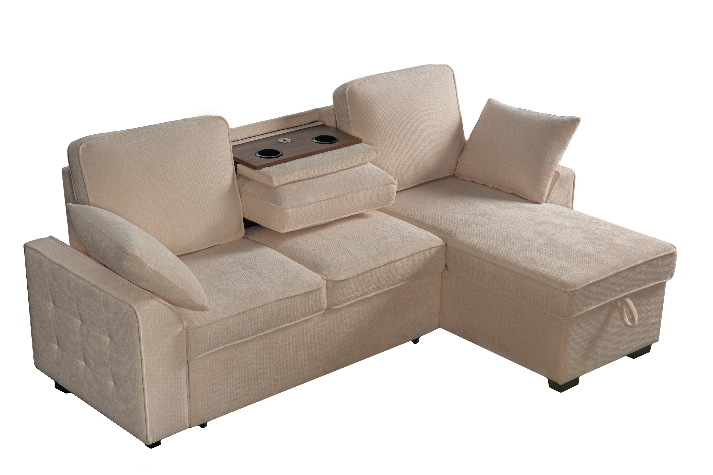 Sectional Sofa with Chaise, Cup Holder Tray & Storage