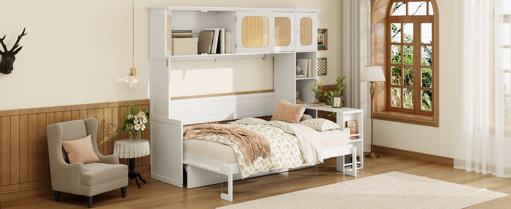 Murphy Bed with Desk and Rattan Cabinets, Warm White