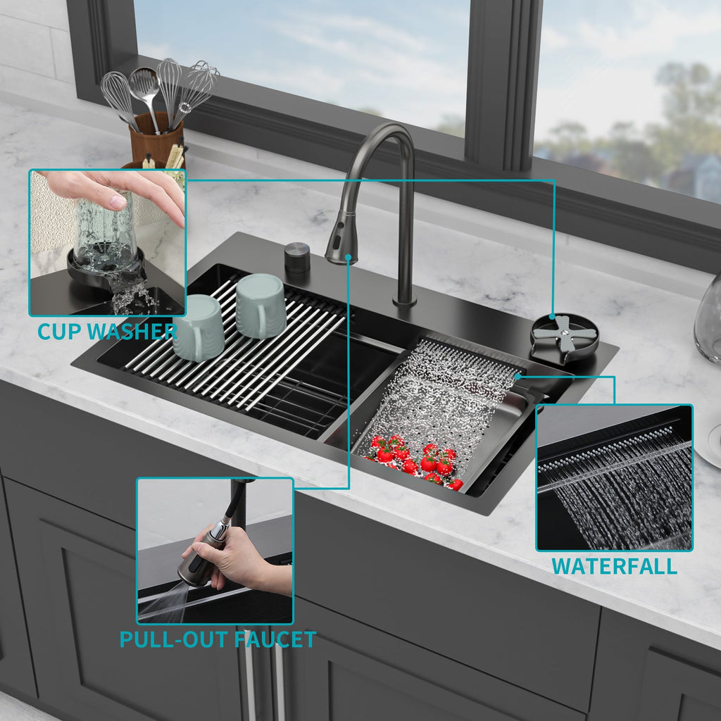 Gunmetal Black Waterfall Kitchen Sink 31.5" Pull-Out Faucet