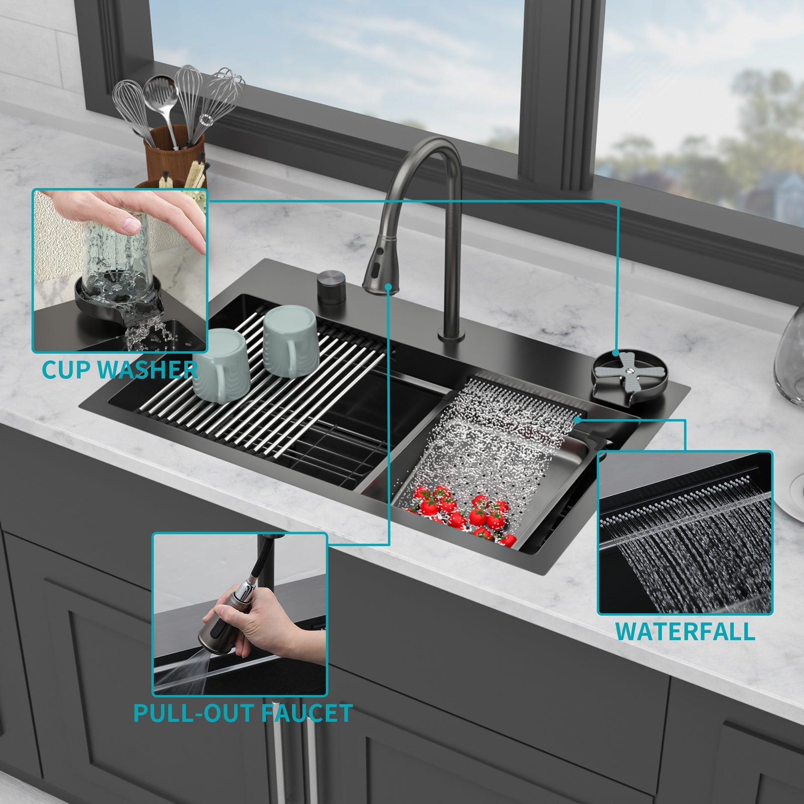 Gunmetal Black Waterfall Kitchen Sink 31.5" Pull-Out Faucet